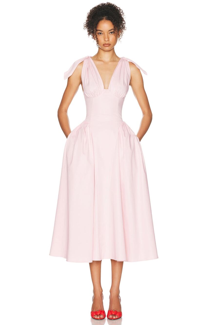 Helsa Fairweather Midi Dress in Stretch Cotton Sateen in Tea Rose Pink